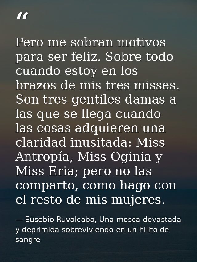 Pero me sobran motivos para ser feliz. Sobre todo cuando estoy en los brazos de mis tres misses. Son tres gentiles damas — Eusebio Ruvalcaba, Una mosca devastada y deprimida sobreviviendo en un hilito de sangre