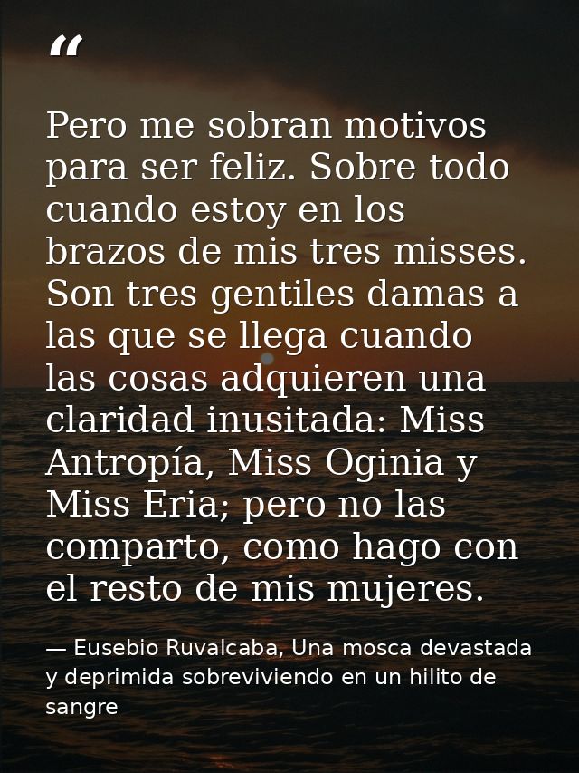 Pero me sobran motivos para ser feliz. Sobre todo cuando estoy en los brazos de mis tres misses. Son tres gentiles damas — Eusebio Ruvalcaba, Una mosca devastada y deprimida sobreviviendo en un hilito de sangre