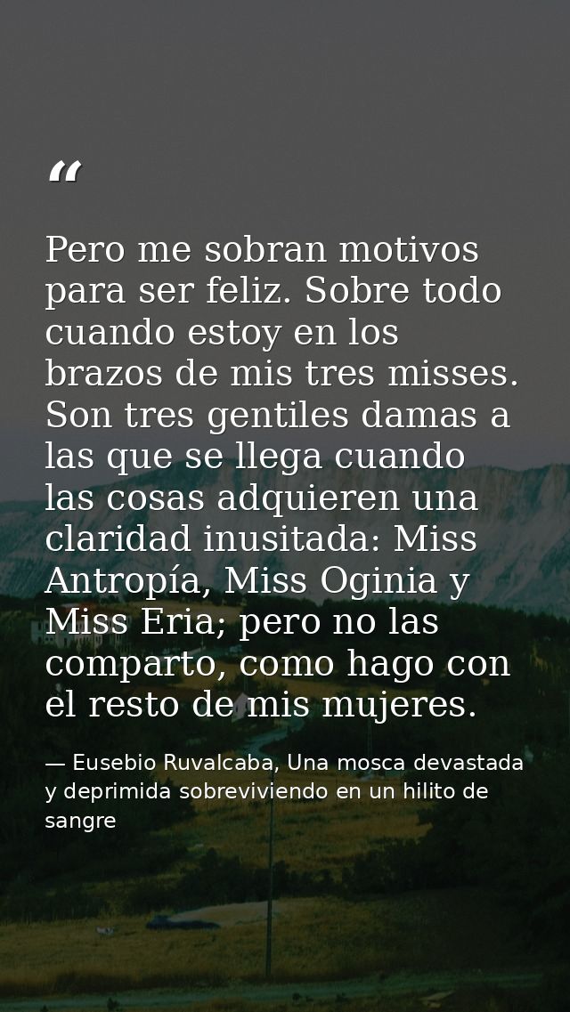 Pero me sobran motivos para ser feliz. Sobre todo cuando estoy en los brazos de mis tres misses. Son tres gentiles damas — Eusebio Ruvalcaba, Una mosca devastada y deprimida sobreviviendo en un hilito de sangre
