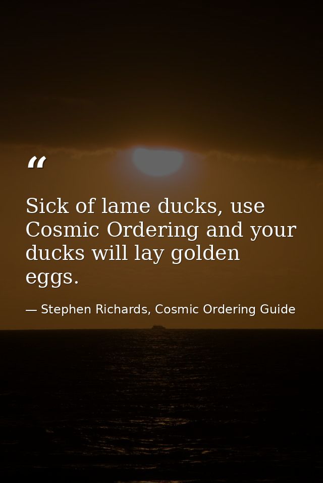 Sick of lame ducks, use Cosmic Ordering and your ducks will lay golden eggs. — Stephen Richards, Cosmic Ordering Guide