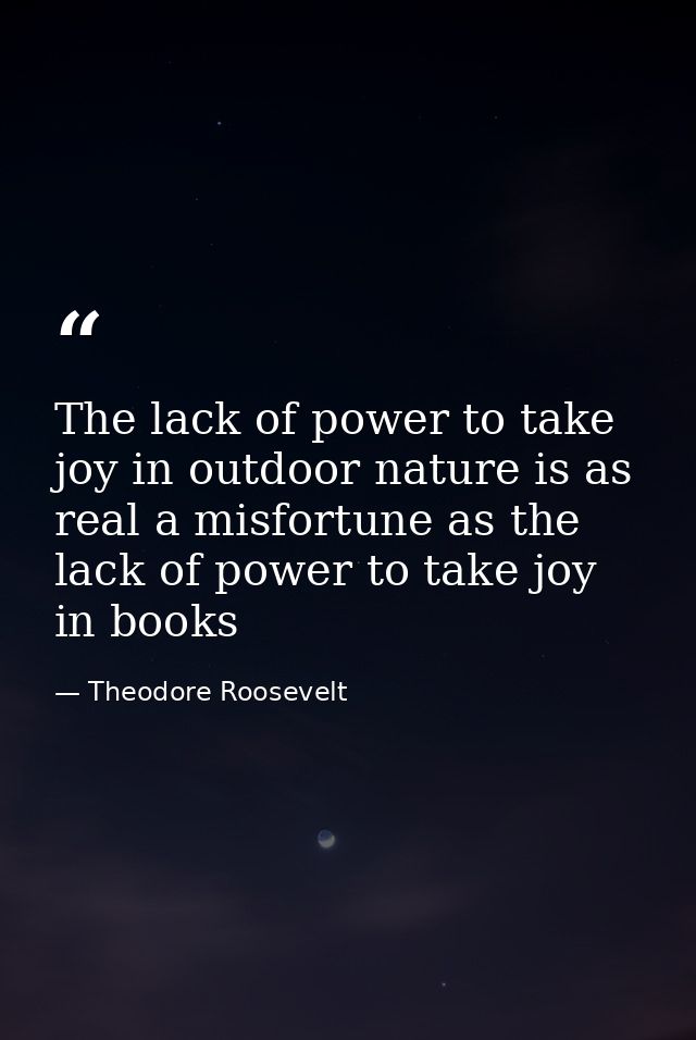 The lack of power to take joy in outdoor nature is as real a misfortune as the lack of power to take joy in books — Theodore Roosevelt