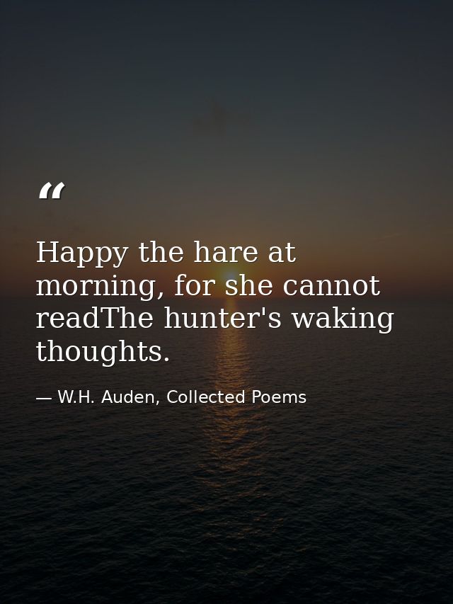 Happy the hare at morning, for she cannot readThe hunter's waking thoughts. — W.H. Auden, Collected Poems