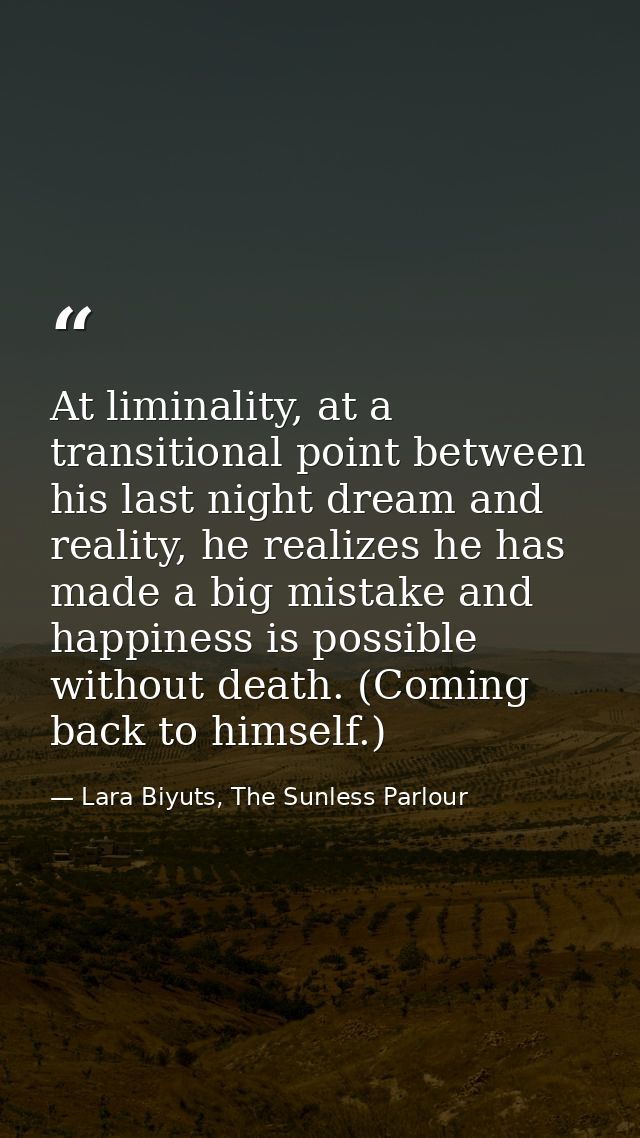 At liminality, at a transitional point between his last night dream and reality, he realizes he has made a big mistake a — Lara Biyuts, The Sunless Parlour