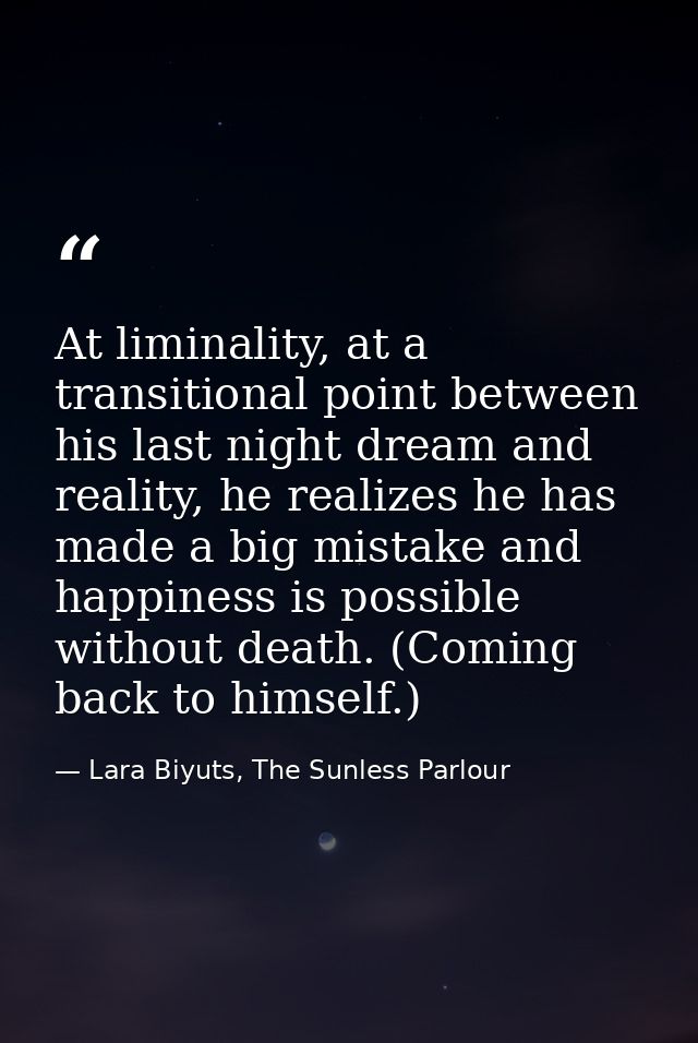 At liminality, at a transitional point between his last night dream and reality, he realizes he has made a big mistake a — Lara Biyuts, The Sunless Parlour