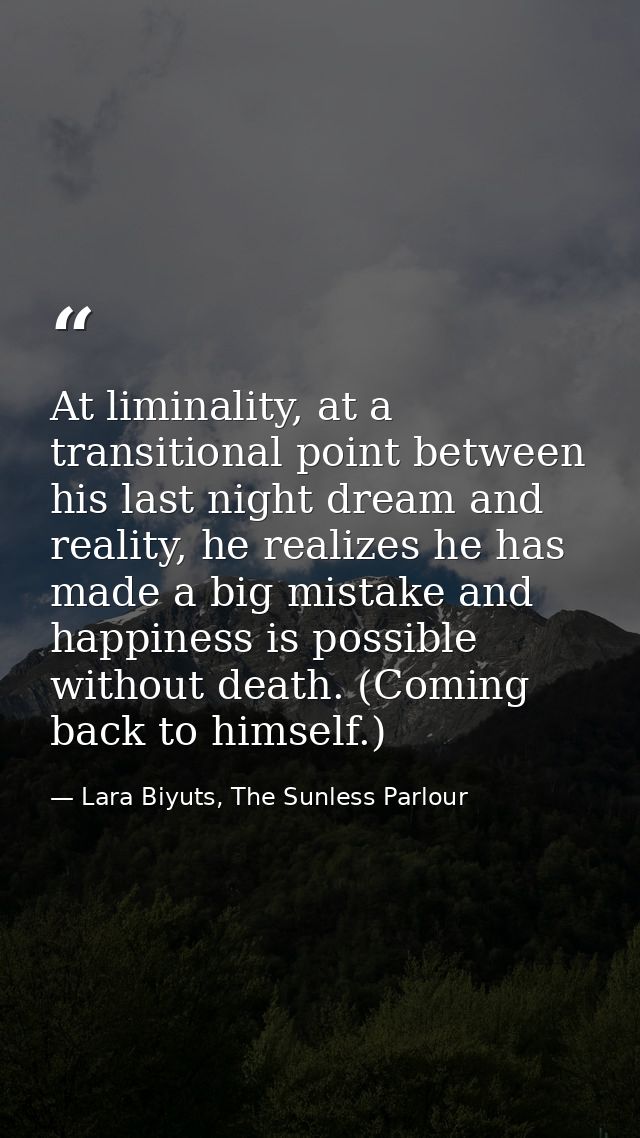 At liminality, at a transitional point between his last night dream and reality, he realizes he has made a big mistake a — Lara Biyuts, The Sunless Parlour