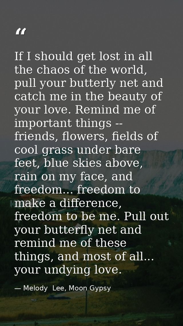 If I should get lost in all the chaos of the world, pull your butterly net and catch me in the beauty of your love. Remi — Melody  Lee, Moon Gypsy
