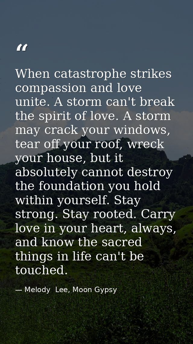 When catastrophe strikes compassion and love unite. A storm can't break the spirit of love. A storm may crack your windo — Melody  Lee, Moon Gypsy
