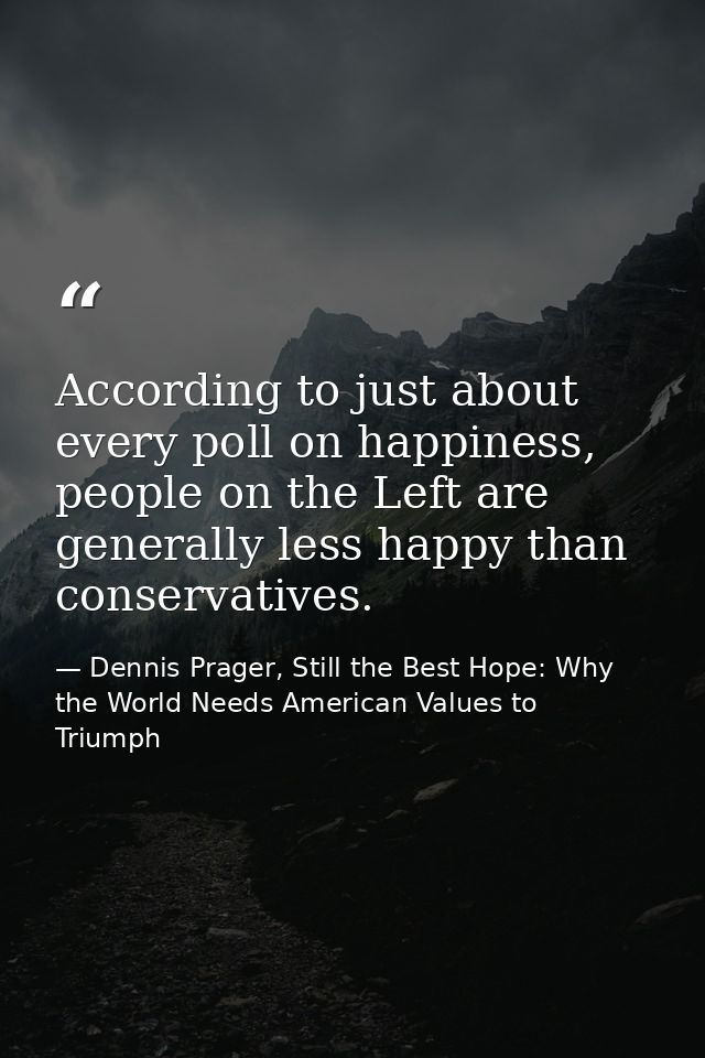 According to just about every poll on happiness, people on the Left are generally less happy than conservatives. — Dennis Prager, Still the Best Hope: Why the World Needs American Values to Triumph