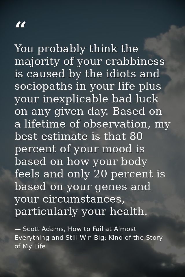 You probably think the majority of your crabbiness is caused by the idiots and sociopaths in your life plus your inexpli — Scott Adams, How to Fail at Almost Everything and Still Win Big: Kind of the Story of My Life