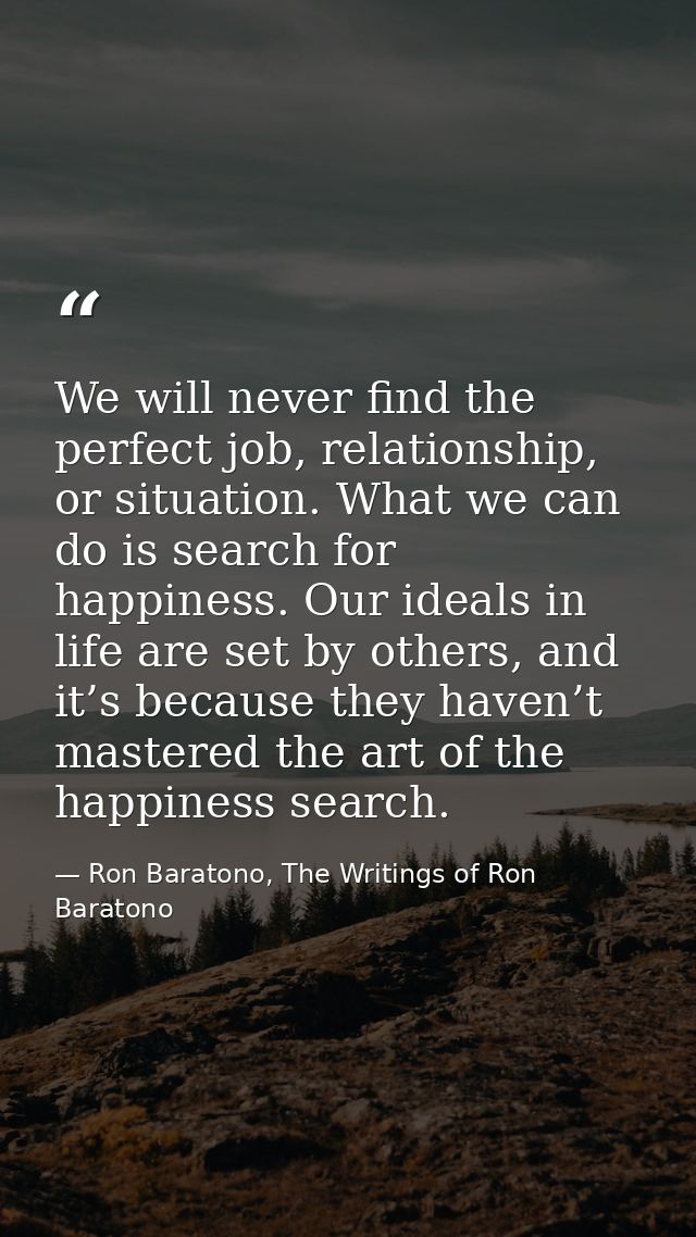 We will never find the perfect job, relationship, or situation. What we can do is search for happiness. Our ideals in li — Ron Baratono, The Writings of Ron Baratono