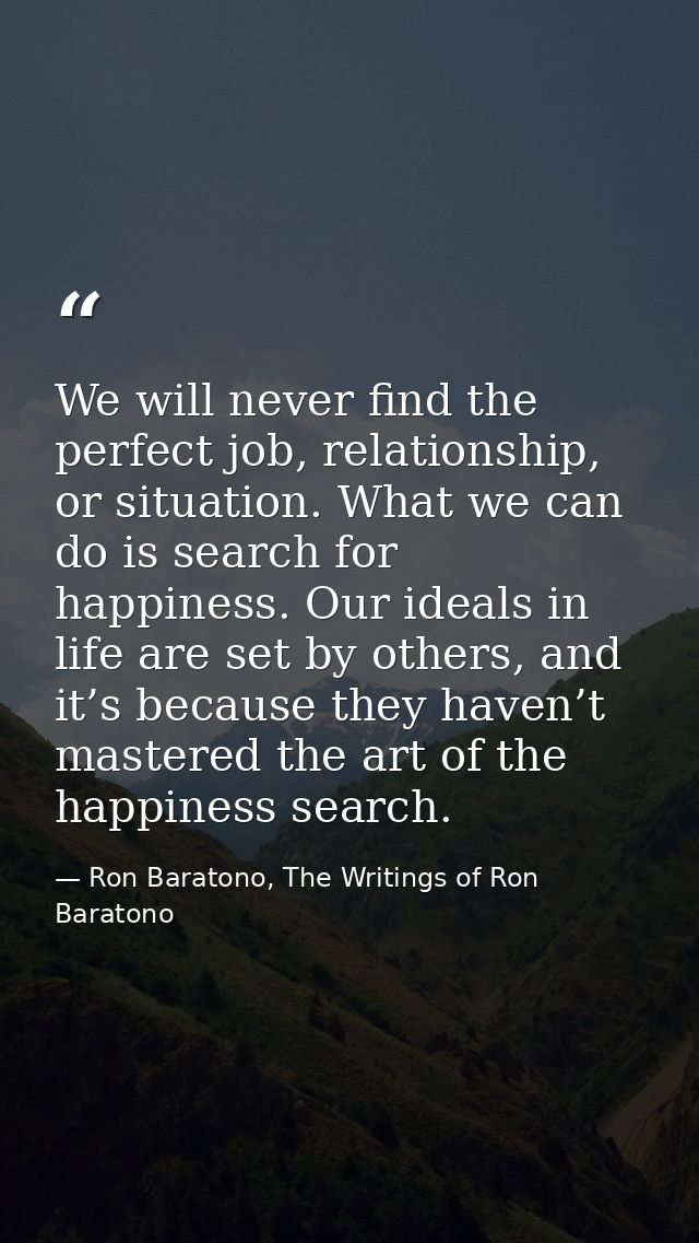 We will never find the perfect job, relationship, or situation. What we can do is search for happiness. Our ideals in li — Ron Baratono, The Writings of Ron Baratono