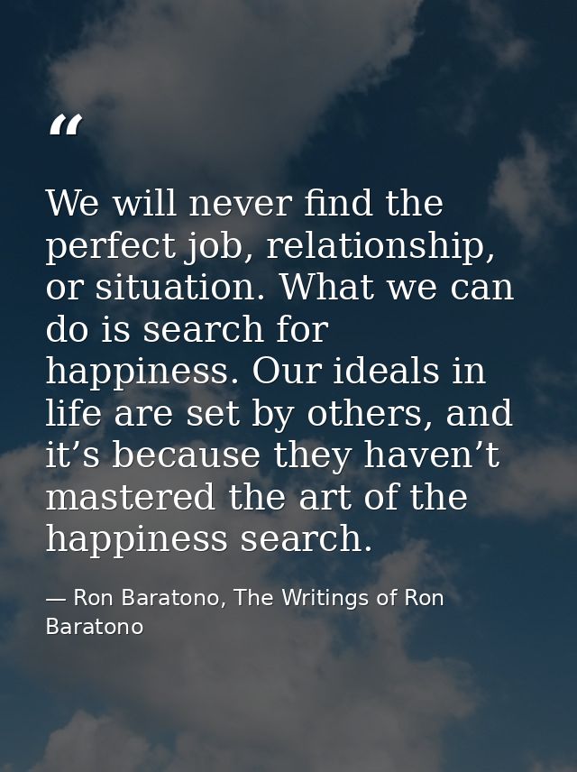 We will never find the perfect job, relationship, or situation. What we can do is search for happiness. Our ideals in li — Ron Baratono, The Writings of Ron Baratono