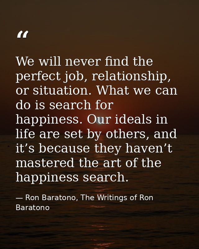 We will never find the perfect job, relationship, or situation. What we can do is search for happiness. Our ideals in li — Ron Baratono, The Writings of Ron Baratono