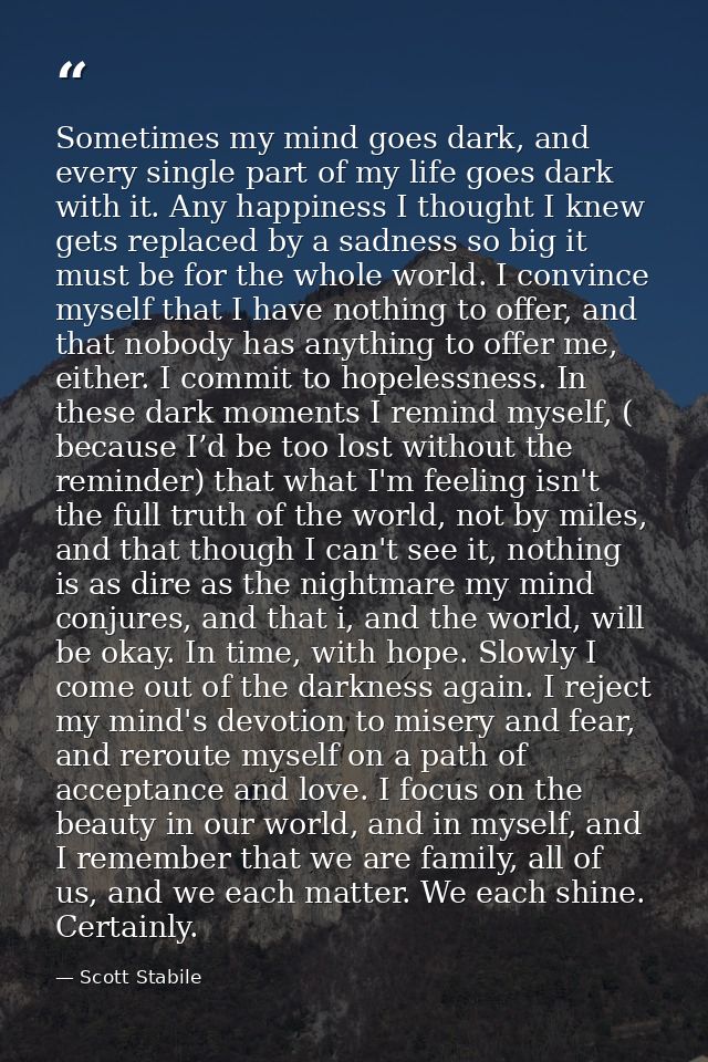 Sometimes my mind goes dark, and every single part of my life goes dark with it. Any happiness I thought I knew gets rep — Scott Stabile