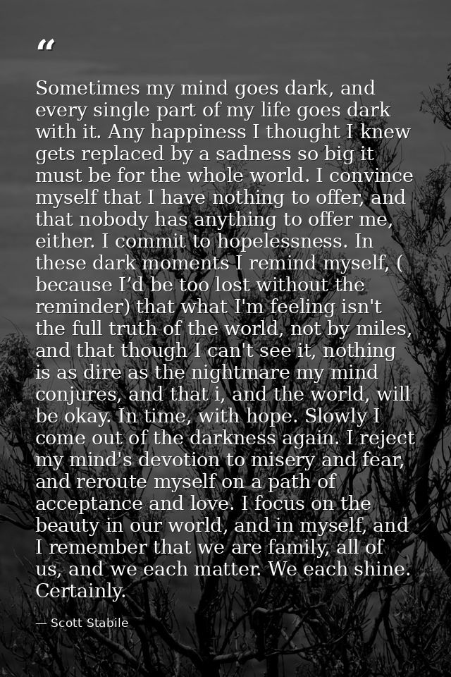 Sometimes my mind goes dark, and every single part of my life goes dark with it. Any happiness I thought I knew gets rep — Scott Stabile