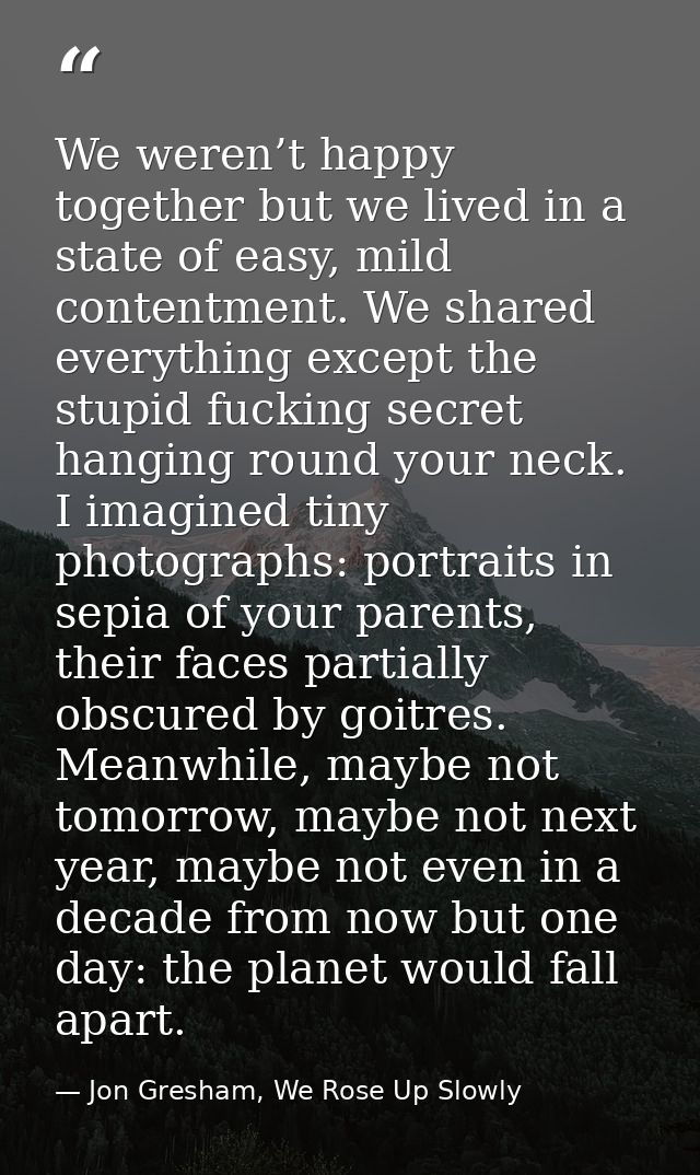 We weren’t happy together but we lived in a state of easy, mild contentment. We shared everything except the stupid fuck — Jon Gresham, We Rose Up Slowly