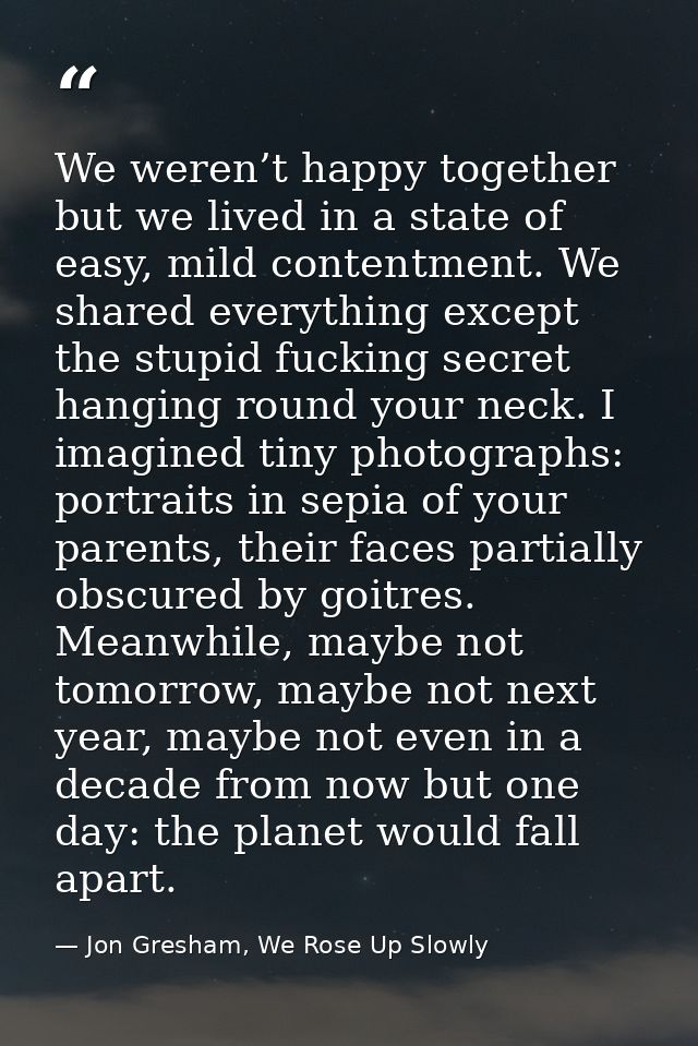 We weren’t happy together but we lived in a state of easy, mild contentment. We shared everything except the stupid fuck — Jon Gresham, We Rose Up Slowly