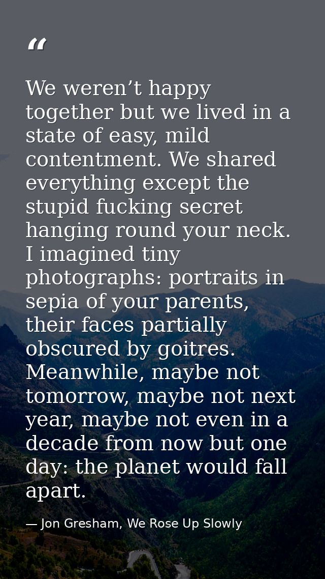 We weren’t happy together but we lived in a state of easy, mild contentment. We shared everything except the stupid fuck — Jon Gresham, We Rose Up Slowly