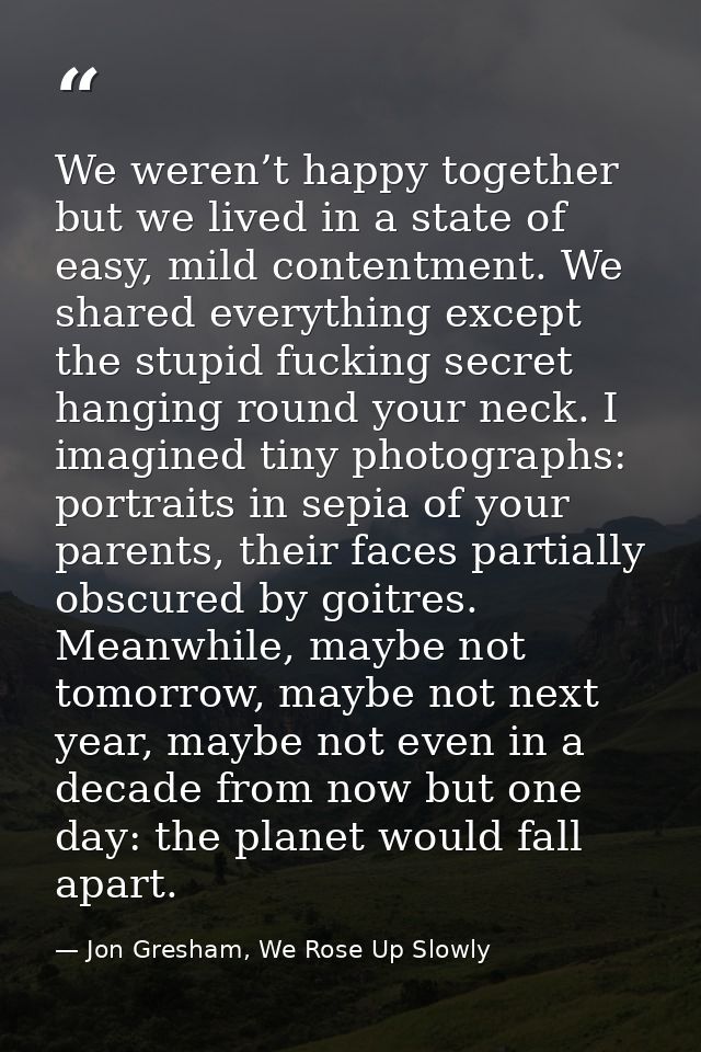 We weren’t happy together but we lived in a state of easy, mild contentment. We shared everything except the stupid fuck — Jon Gresham, We Rose Up Slowly