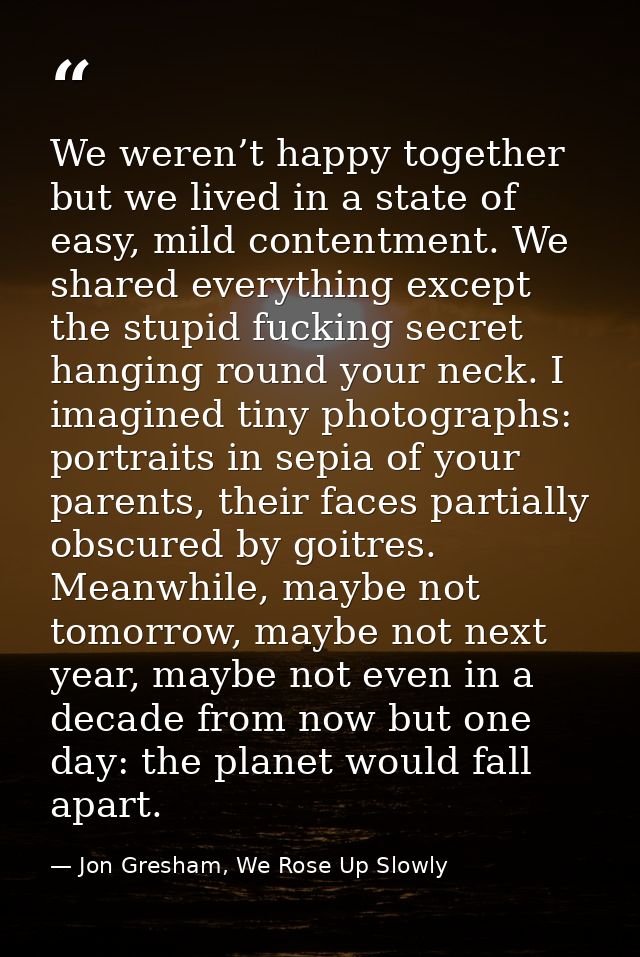 We weren’t happy together but we lived in a state of easy, mild contentment. We shared everything except the stupid fuck — Jon Gresham, We Rose Up Slowly