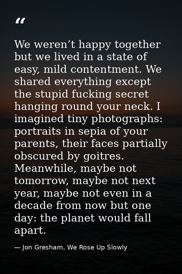 We weren’t happy together but we lived in a state of easy, mild contentment. We shared everything except the stupid fuck — Jon Gresham, We Rose Up Slowly