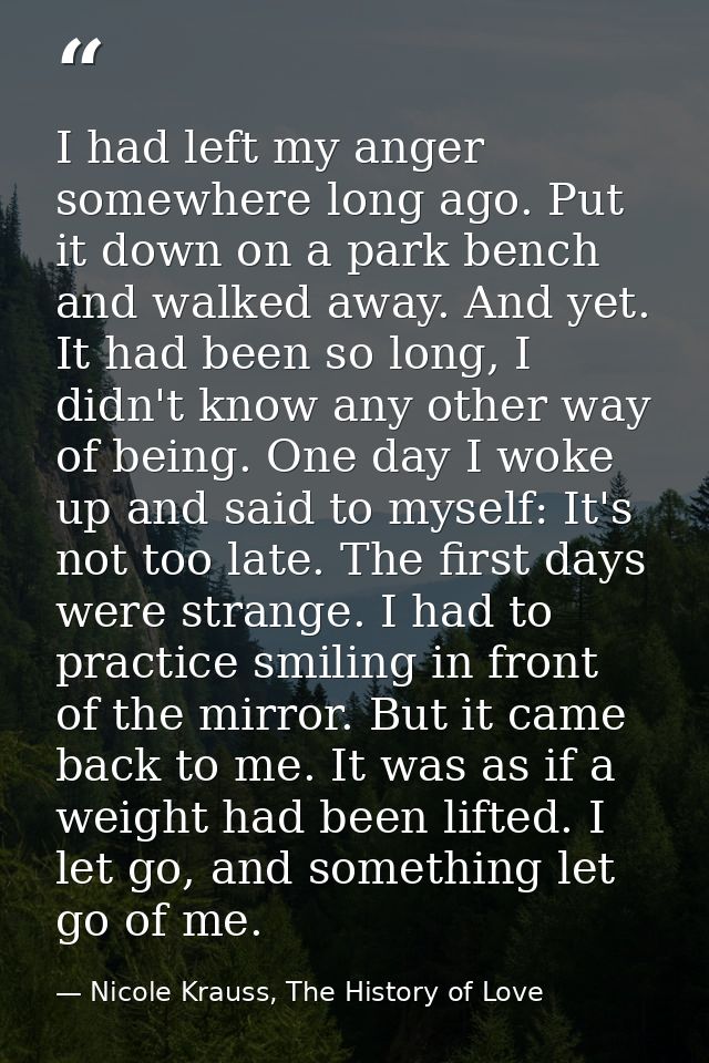 I had left my anger somewhere long ago. Put it down on a park bench and walked away. And yet. It had been so long, I did — Nicole Krauss, The History of Love