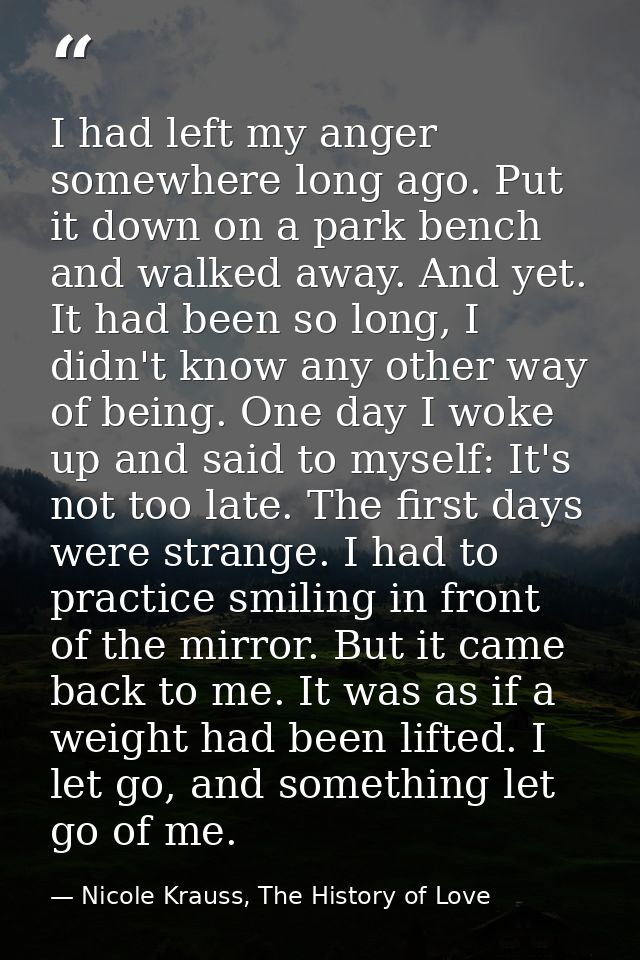 I had left my anger somewhere long ago. Put it down on a park bench and walked away. And yet. It had been so long, I did — Nicole Krauss, The History of Love