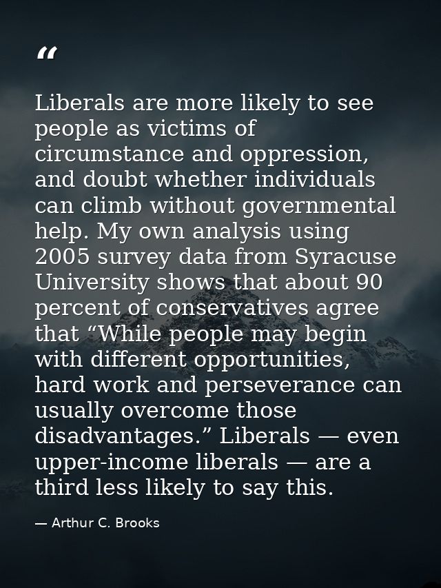 Liberals are more likely to see people as victims of circumstance and oppression, and doubt whether individuals can clim — Arthur C. Brooks