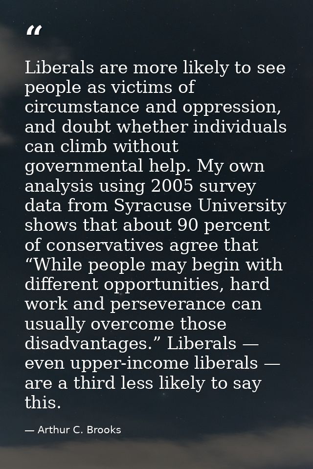 Liberals are more likely to see people as victims of circumstance and oppression, and doubt whether individuals can clim — Arthur C. Brooks