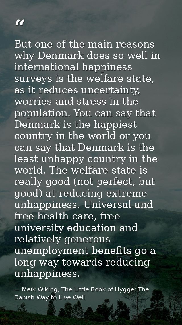 But one of the main reasons why Denmark does so well in international happiness surveys is the welfare state, as it redu — Meik Wiking, The Little Book of Hygge: The Danish Way to Live Well