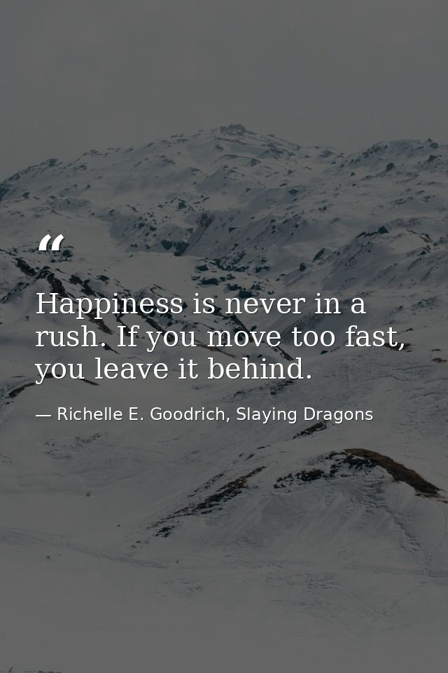 Happiness is never in a rush. If you move too fast, you leave it behind. — Richelle E. Goodrich, Slaying Dragons