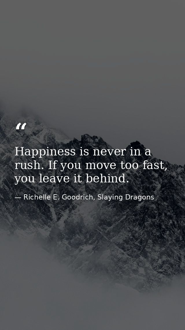 Happiness is never in a rush. If you move too fast, you leave it behind. — Richelle E. Goodrich, Slaying Dragons