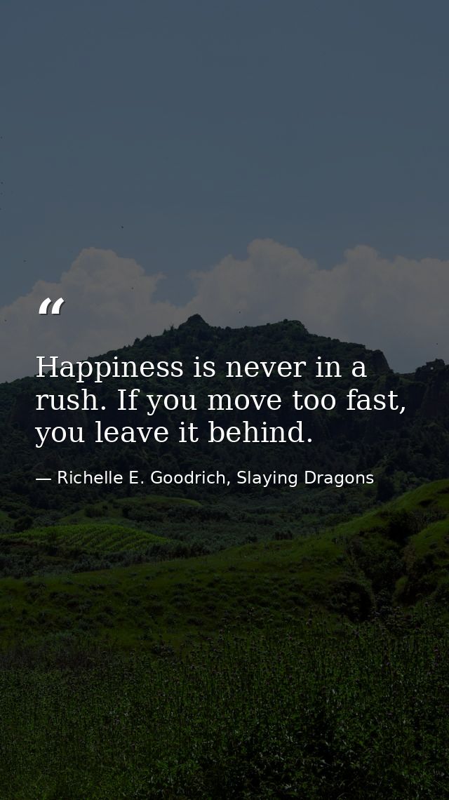 Happiness is never in a rush. If you move too fast, you leave it behind. — Richelle E. Goodrich, Slaying Dragons