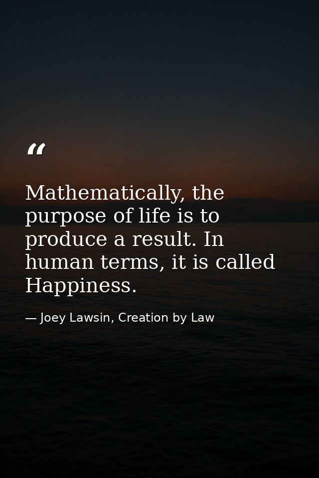 Mathematically, the purpose of life is to produce a result. In human terms, it is called Happiness. — Joey Lawsin, Creation by Law