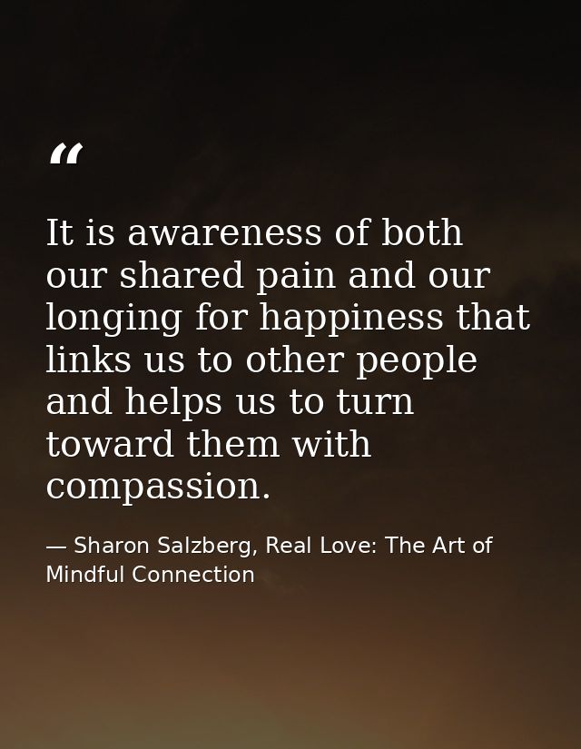 It is awareness of both our shared pain and our longing for happiness that links us to other people and helps us to turn — Sharon Salzberg, Real Love: The Art of Mindful Connection