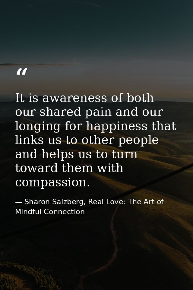 It is awareness of both our shared pain and our longing for happiness that links us to other people and helps us to turn — Sharon Salzberg, Real Love: The Art of Mindful Connection