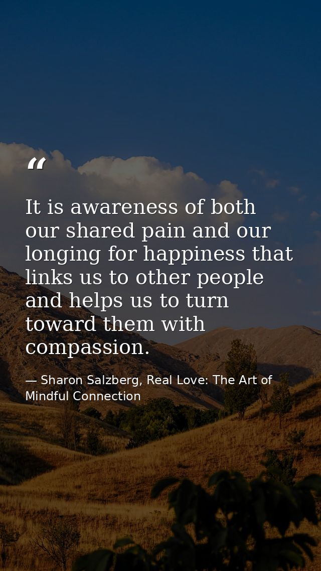It is awareness of both our shared pain and our longing for happiness that links us to other people and helps us to turn — Sharon Salzberg, Real Love: The Art of Mindful Connection