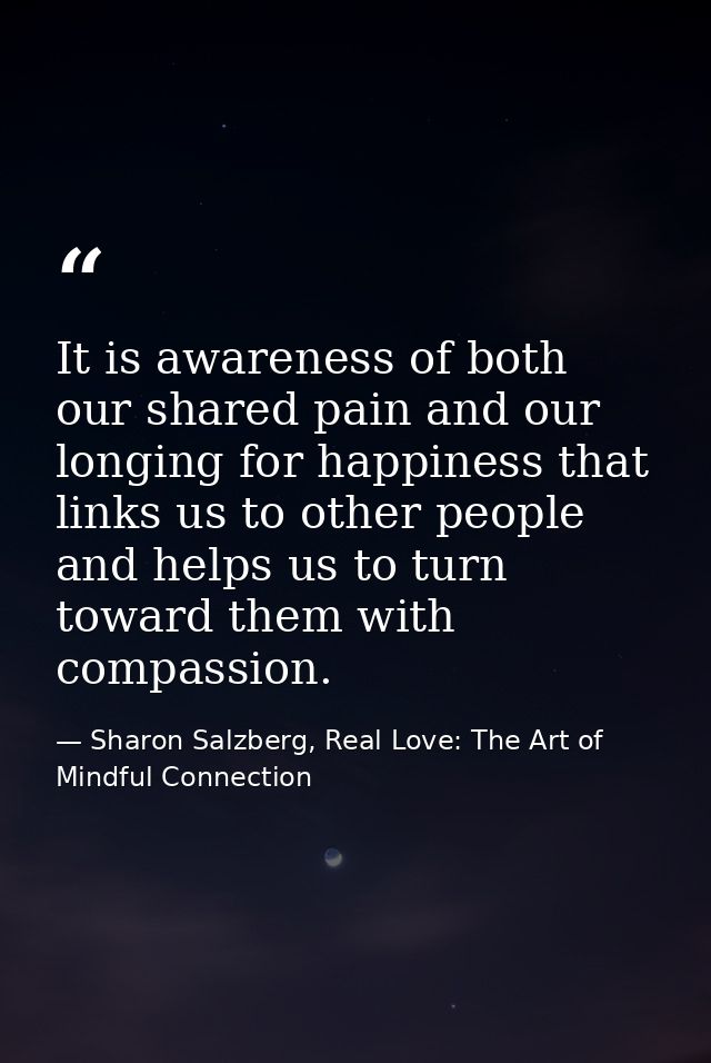 It is awareness of both our shared pain and our longing for happiness that links us to other people and helps us to turn — Sharon Salzberg, Real Love: The Art of Mindful Connection