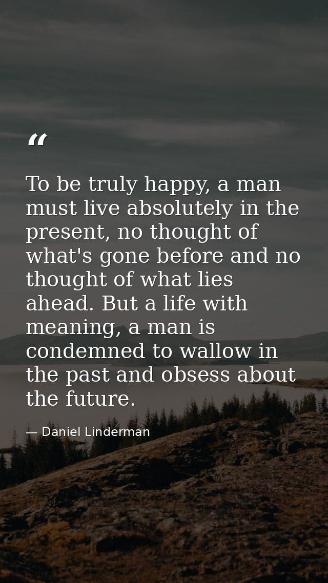 To be truly happy, a man must live absolutely in the present, no thought of what's gone before and no thought of what li — Daniel Linderman