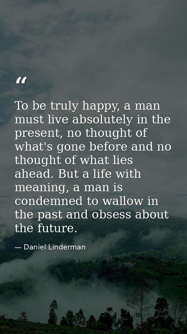 To be truly happy, a man must live absolutely in the present, no thought of what's gone before and no thought of what li — Daniel Linderman