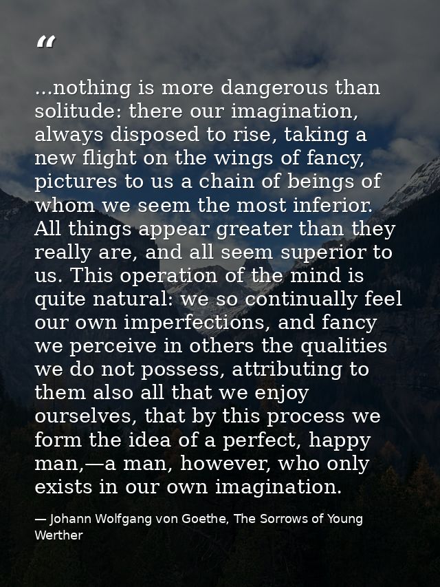 ...nothing is more dangerous than solitude: there our imagination, always disposed to rise, taking a new flight on the w — Johann Wolfgang von Goethe, The Sorrows of Young Werther