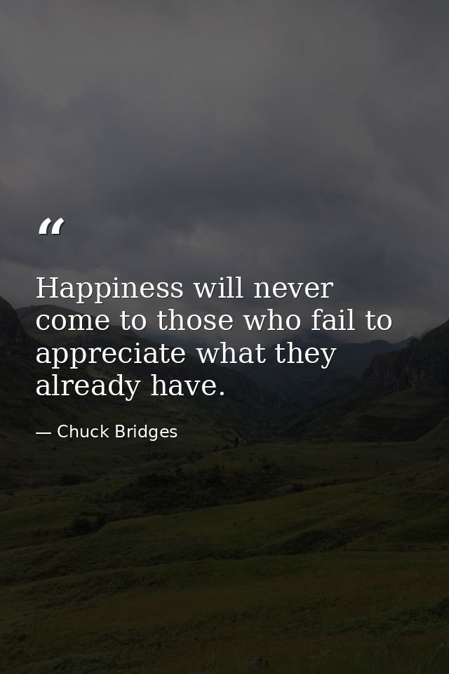 Happiness will never come to those who fail to appreciate what they already have. — Chuck Bridges