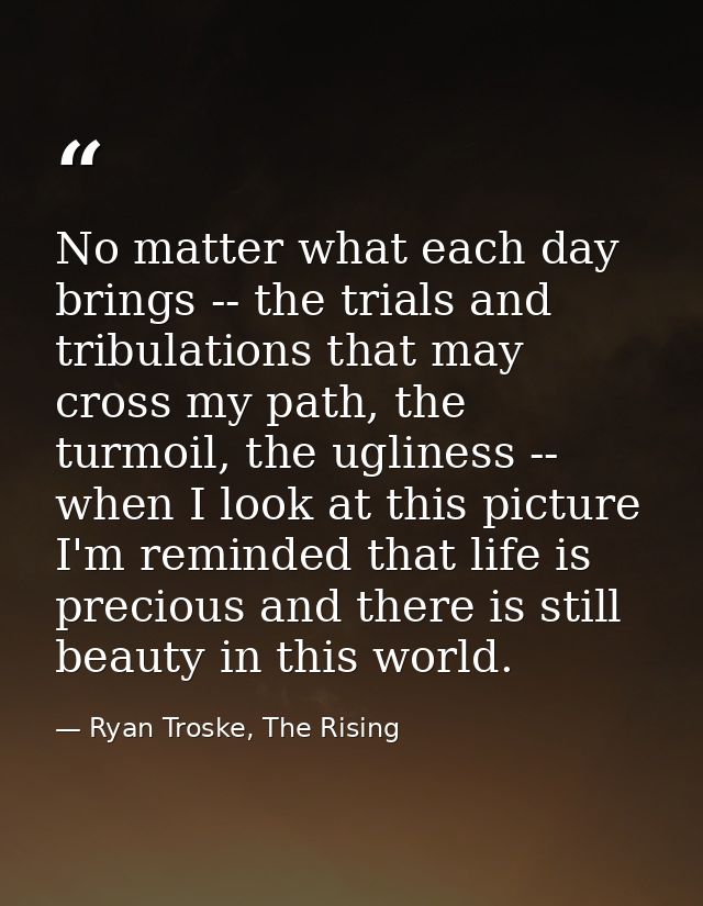 No matter what each day brings -- the trials and tribulations that may cross my path, the turmoil, the ugliness -- when  — Ryan Troske, The Rising