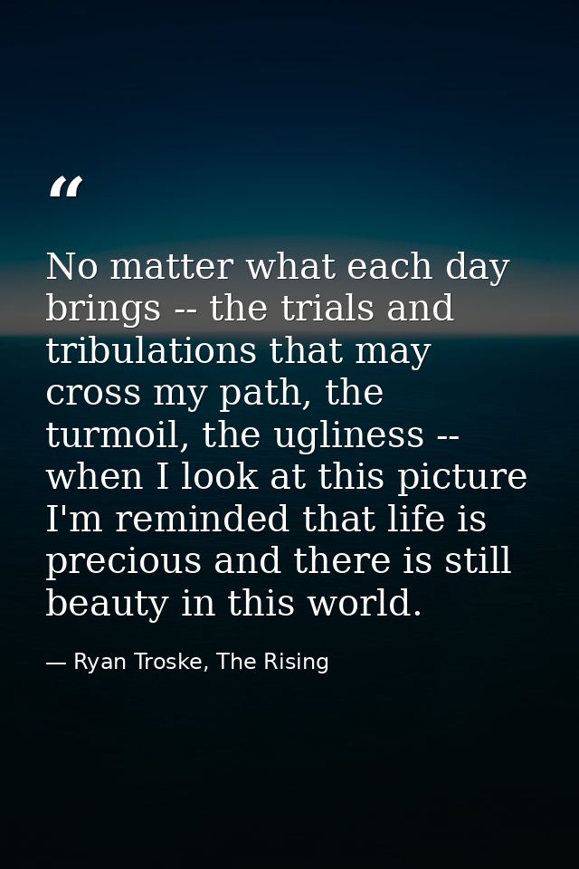No matter what each day brings -- the trials and tribulations that may cross my path, the turmoil, the ugliness -- when  — Ryan Troske, The Rising