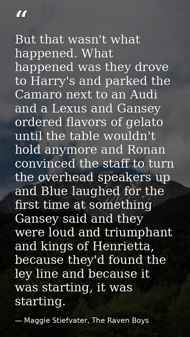 But that wasn't what happened. What happened was they drove to Harry's and parked the Camaro next to an Audi and a Lexus — Maggie Stiefvater, The Raven Boys
