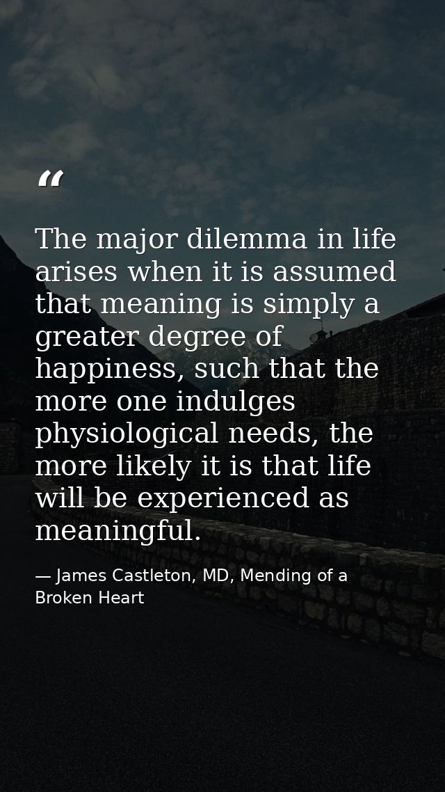 The major dilemma in life arises when it is assumed that meaning is simply a greater degree of happiness, such that the  — James Castleton, MD, Mending of a Broken Heart