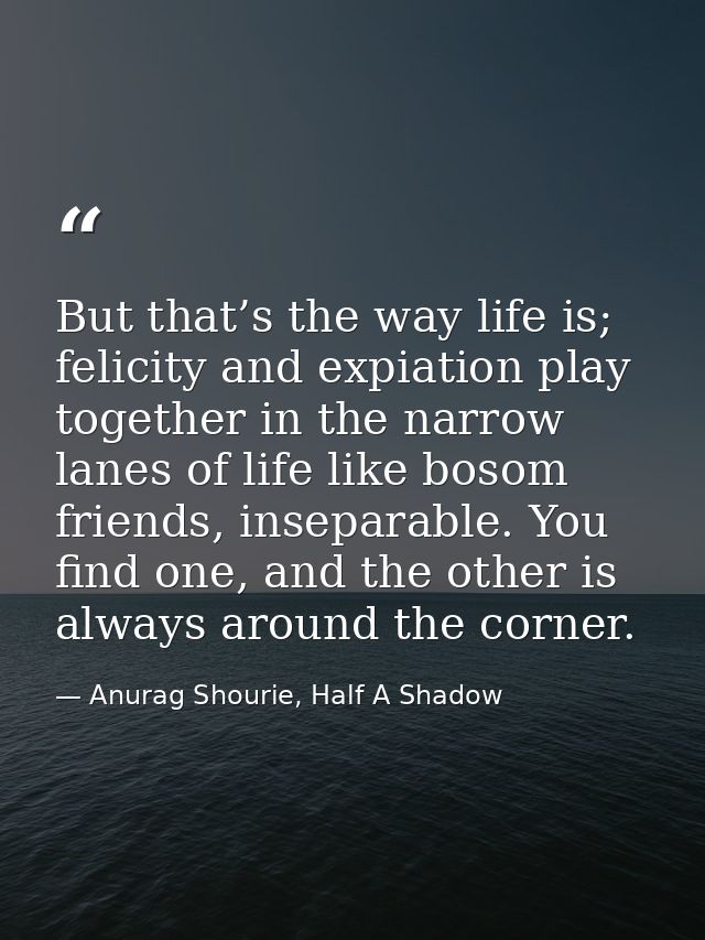 But that’s the way life is; felicity and expiation play together in the narrow lanes of life like bosom friends, insepar — Anurag Shourie, Half A Shadow