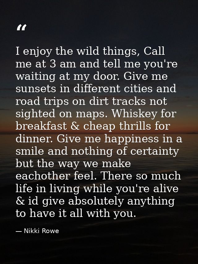 I enjoy the wild things, Call me at 3 am and tell me you're waiting at my door. Give me sunsets in different cities and  — Nikki Rowe
