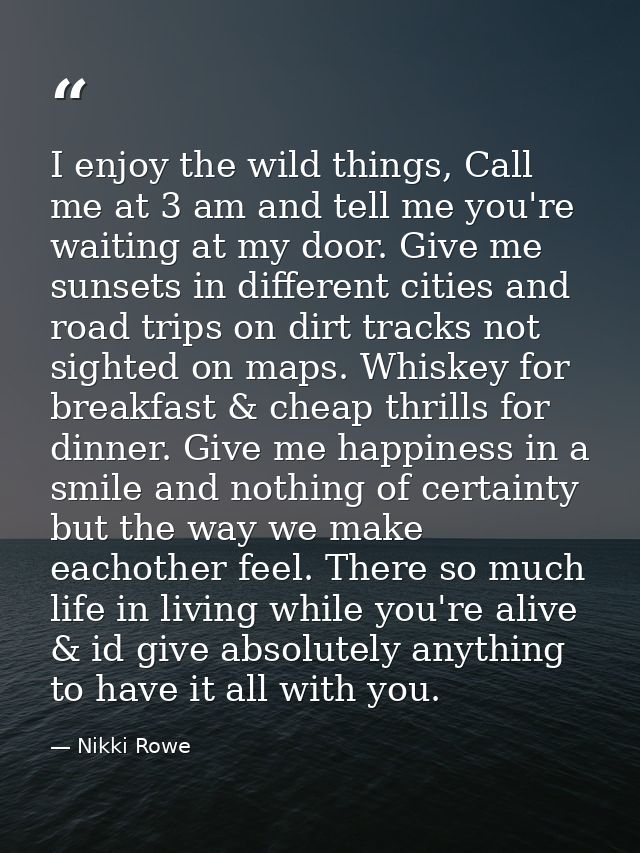 I enjoy the wild things, Call me at 3 am and tell me you're waiting at my door. Give me sunsets in different cities and  — Nikki Rowe
