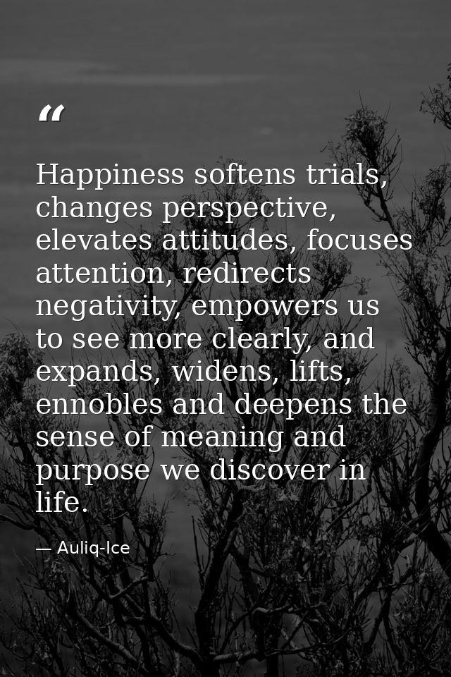 Happiness softens trials, changes perspective, elevates attitudes, focuses attention, redirects negativity, empowers us  — Auliq-Ice